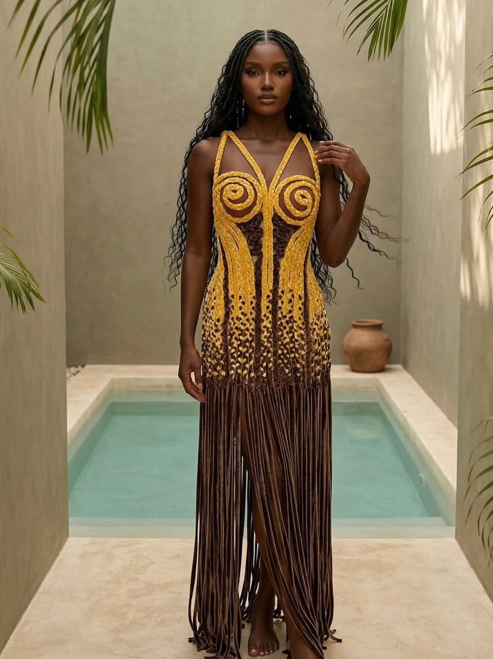 Handcrafted Yellow and Brown Crochet Fringe Maxi Dress——-SOLD
